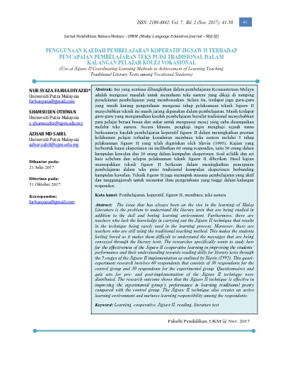Penggunaan Kaedah Pembelajaran Koperatif Jigsaw Ii Terhadappencapaian Pembelajaran Teks Puisi Tradisional Dalamkalangan Pelajar Kolej Vokasional