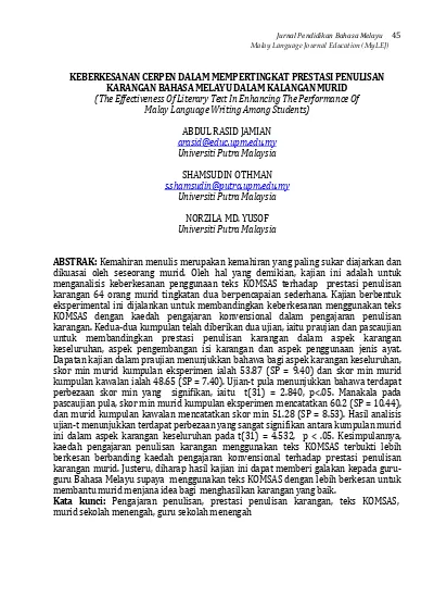 Top Pdf Keberkesanan Cerpen Dalam Mempertingkat Prestasi Penulisan Karangan Bahasa Melayu Dalam Kalangan Murid The Effectiveness Of Literary Text In Enhancing The Performance Of Malay Language Writing Among Students 123dok Com