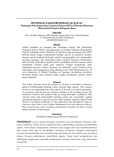 PENDIDIKAN KARAKTER BERBASIS AL-QUR’AN: Penerapan Pola Sistematika ...