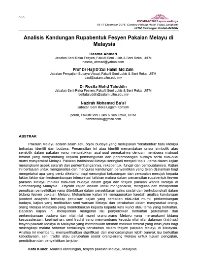 Analisis Kandungan Rupa Bentuk Fesyen Pakaian Melayu Di Malaysia Hasma Ahmad Et Al