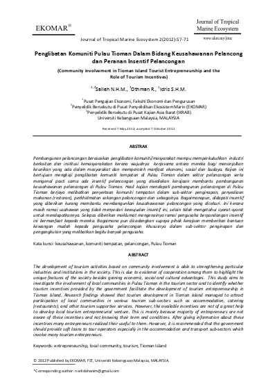 Penglibatan Komuniti Pulau Tioman Dalam Bidang Keusahawanan Pelancong Dan Peranan Insentif Pelancongan