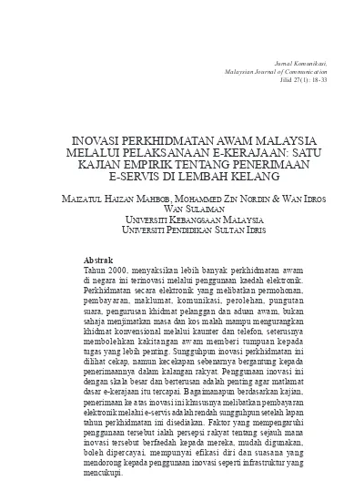 Inovasi Perkhidmatan Awam Malaysia Melalui Pelaksanaan E Kerajaan Satu Kajian Empirik Tentang Penerimaan E Servis Di Lembah Kelang
