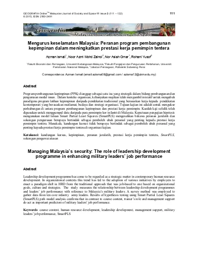 Mengurus Keselamatan Malaysia Peranan Program Pembangunankepimpinan Dalam Meningkatkan Prestasi Kerja Pemimpin Tentera