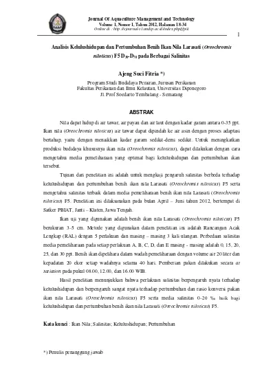 Analisis Kelulushidupan Dan Pertumbuhan Benih Ikan Nila Larasati ...