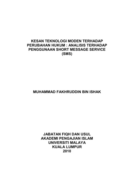 Kesan Teknologi Moden Terhadap Perubahan Hukum Analisis Terhadap Penggunaan Short Message Service Sms Muhammad Fakhruddin Bin Ishak