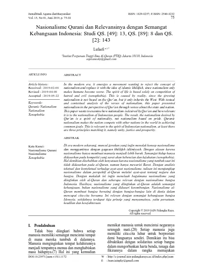 Nasionalisme Qurani Dan Relevansinya Dengan Semangat Kebangsaan Indonesia Studi Qs 49 13 Qs 89 8 Dan Qs 2 143