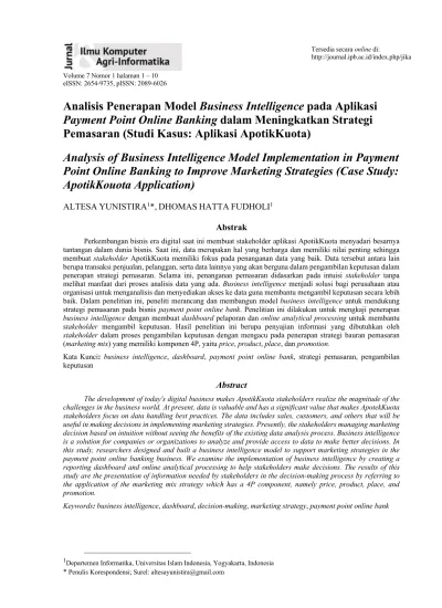 Analisis Penerapan Model Business Intelligence Pada Aplikasi Payment Point Online Banking Dalam Meningkatkan Strategi Pemasaran Studi Kasus Aplikasi Apotikkuota