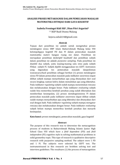 Top Pdf Analisis Proses Metakognisi Dalam Pemecahan Masalah Matematika Ditinjau Dari Gaya Kognitif 123dok Com