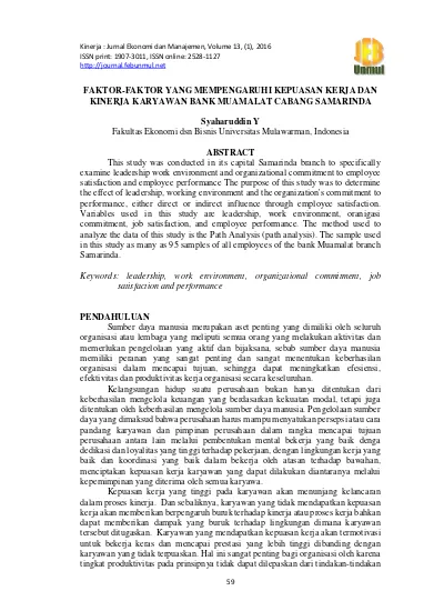 Faktor Faktor Yang Mempengaruhi Kepuasan Kerja Dan Kinerja Karyawan Bank Muamalat Cabang Samarinda Syaharuddin Kinerja 363 508 1 Pb