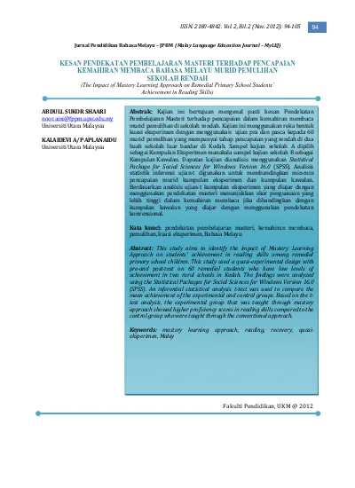 Top Pdf Kesan Pendekatan Pembelajaran Masteri Terhadap Pencapaian Kemahiran Membaca Bahasa Melayu Murid Pemulihan Sekolah Rendah 123dok Com