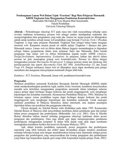 Pembangunan Laman Web Dalam Tajuk Fractions Bagi Mata Pelajaran Matematik Kbsm Tingkatan Satu Menggunakan Pendekatan Konstruktivisme
