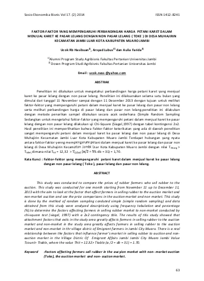 Faktor Faktor Yang Mempengaruhi Perbandingan Harga Petani Karet Dalam Menjual Karet Ke Pasar Lelang Dengan Non Pasar Lelang Toke Di Desa Muhajirin Kecamatan Jambi Luar Kota Kabupaten Muaro Jambi