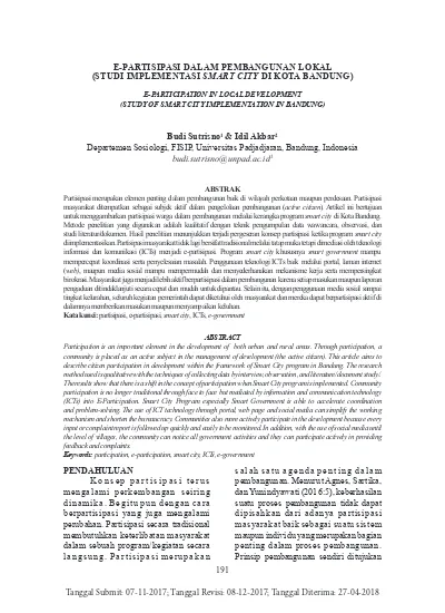 E-partisipasi Dalam Pembangunan Lokal (Studi Implementasi Smart City Di ...