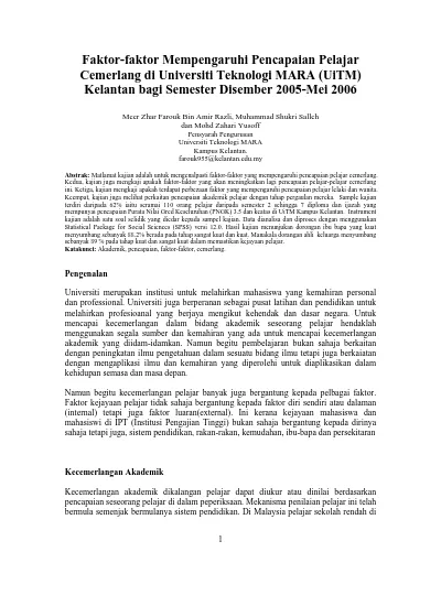 Faktor Faktor Mempengaruhi Pencapaian Pelajar Cemerlang Di Universiti Teknologi Mara Uitm Kelantan Bagi Semester Disember 2005 Mei 2006