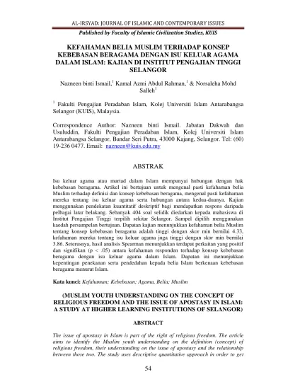 Kefahaman Mahasiswa Muslim Lembah Klang Tentang Konsep Hak Kebebasan Beragama Di Malaysia