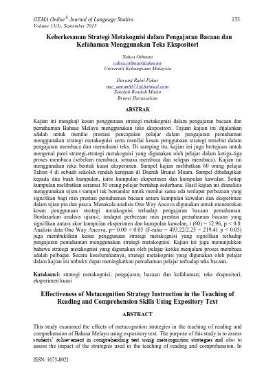 Keberkesanan Strategi Metakognisi Dalam Pengajaran Bacaan Dan Kefahaman Menggunakan Teks Ekspositori