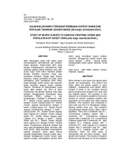 Kajian Iklim Mikro Terhadap Berbagai Sistem Tanam Dan Populasi Tanaman Jagung Manis Zea Mays Saccharata Sturt