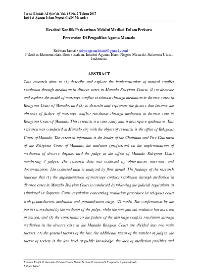 Top Pdf Resolusi Konflik Perkawinan Melalui Mediasi Dalam Perkara Perceraian Di Pengadilan Agama Manado 123dok 