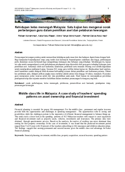 Kehidupan Kelas Menengah Malaysia Satu Kajian Kes Mengenai Corakperbelanjaan Guru Dalam Pemilikan Aset Dan Pelaburan Kewangan