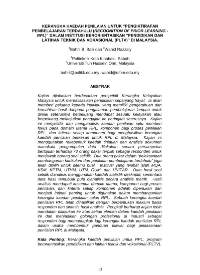 Kerangka Kaedah Penilaian Untuk Pengiktirafan Pembelajaran Terdahulu Recognition Of Prior Learning Rpl Dalam Institusi Berorientasikan Pendidikan Dan Latihan Teknik Dan Vokasional Pltv Di Malaysia