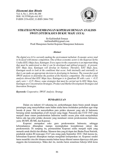 Top Pdf Strategi Pengembangan Koperasi Dengan Analisis Swot Studi Kasus Di Ksu Maju Jaya 123dok Com