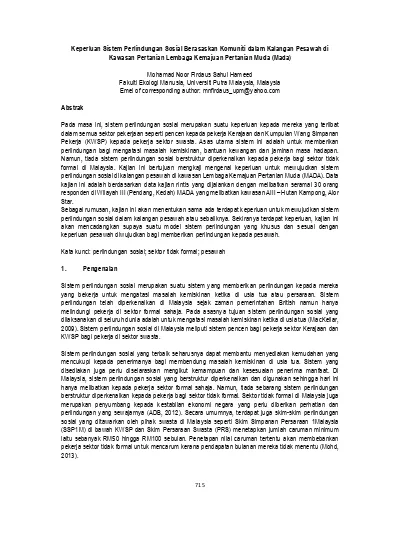 Keperluan Sistem Perlindungan Sosial Berasaskan Komuniti Dalam Kalangan Pesawah Di Kawasan Pertanian Lembaga Kemajuan Pertanian Muda Mada
