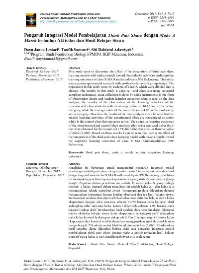 Top Pdf Pengaruh Integrasi Model Pembelajaran Think Pair Share Dengan Make A Match Terhadap Aktivitas Dan Hasil Belajar Siswa 123dok Com