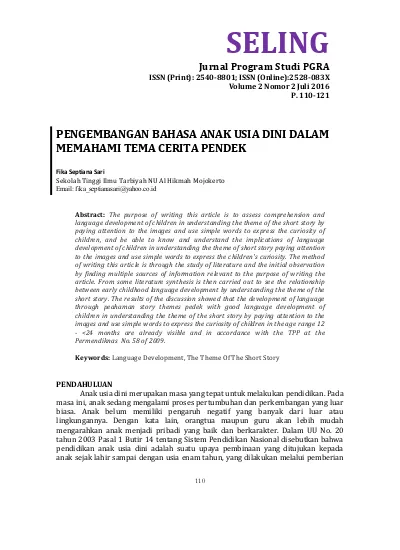 Pengembangan Bahasa Anak Usia Dini Dalam Memahami Tema Cerita Pendek