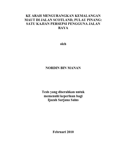 Ke Arah Mengurangkan Kemalangan Maut Di Jalan Scotland Pulau Pinang Satu Kajian Persepsi Pengguna Jalan Raya