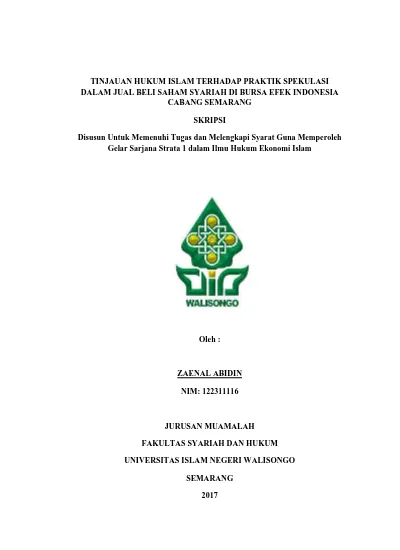 Tinjauan Hukum Islam Terhadap Praktik Spekulasi Dalam Jual Beli Saham Syariah Di Bursa Efek Indonesia Cabang Semarang