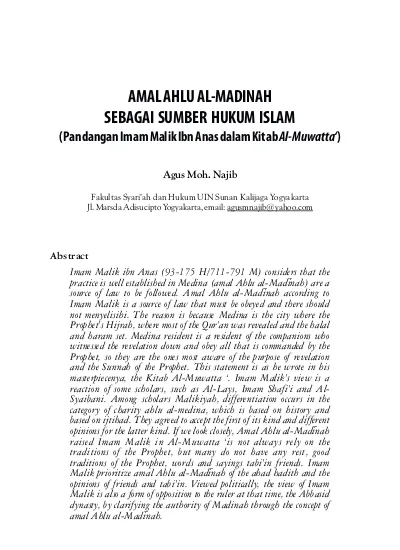 Amal Ahlu Al Madinah Sebagai Sumber Hukum Islam Pandangan Imam Malik Ibn Anas Dalam Kitab Al Muwatta