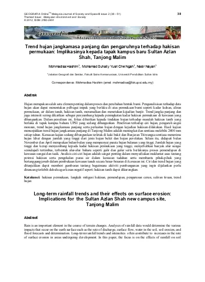 Trend Hujan Jangkamasa Panjang Dan Pengaruhnya Terhadap Hakisan Permukaan Implikasinya Kepada Tapak Kampus Baru Sultan Azlan Shah Tanjong Malim