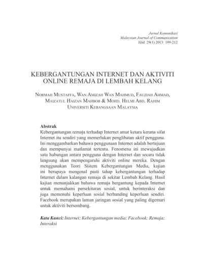 Kebergantungan Internet Dan Aktiviti Online Remaja Di Lembah Kelang
