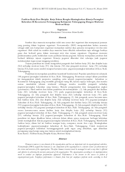 Fasilitas Kerja Dan Disiplin Kerja Dalam Rangka Meningkatkan Kinerja Perangkat Kelurahan Di Kecamatan Tulungagung Kabupaten Tulungagung Dengan Moderasi Motivasi Kerja