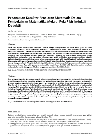 Top Pdf Penanaman Karakter Penalaran Matematis Dalam Pembelajaran Matematika Melalui 1 Pola Pikir Induktif Deduktif 123dok Com