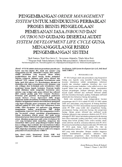 Pengembangan Order Management System Untuk Mendukung Perbaikan Proses Bisnis Pengelolaan Pemesanan Jasa Inbound Dan Outbound Gudang Disertai Audit System Development Life Cycle Guna Menanggulangi Risiko Pengembangan Sistem