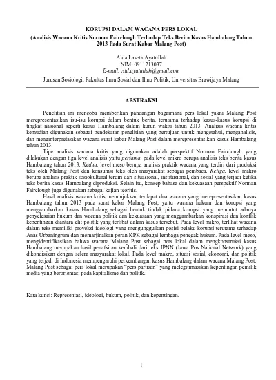 Korupsi Dalam Wacana Pers Lokal Analisis Wacana Kritis Norman Fairclough Terhadap Teks Berita Kasus Hambalang Tahun 2013 Pada Surat Kabar Malang Post