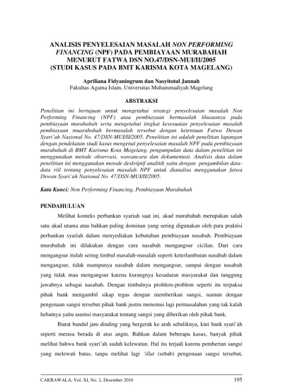 Top Pdf Analisis Penyelesaian Masalah Non Performing Financing Npf Pada Pembiayaan Murabahah Menurut Fatwa Dsn No 47 Dsn Mui Ii 2005 Studi Kasus Pada Bmt Karisma Kota Magelang 123dok Com