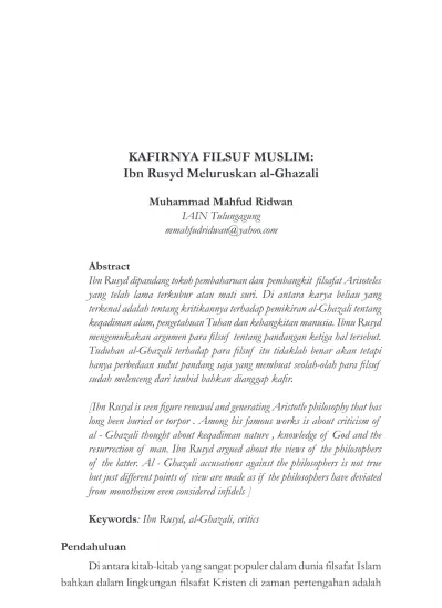 Kafirnya Filsuf Muslim Ibn Rusyd Meluruskan Al Ghazali