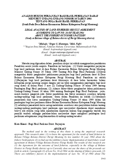 Analisis Hukum Perjanjian Bagi Hasil Perikanan Darat Menurut Undang Undang Nomor 16 Tahun 1964 Tentang Pola Bagi Hasil Perikanan Studi Pada Desa Bolano Kecamatan Bolano Kabupaten Parigi Moutong