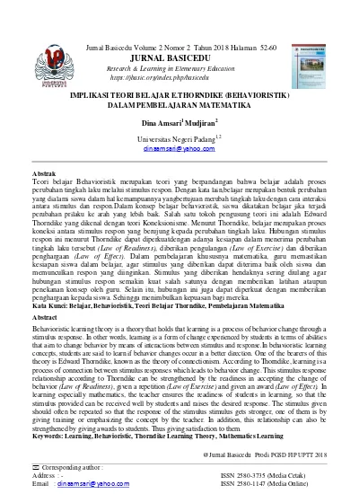Top Pdf Implikasi Teori Belajar E Thorndike Behavioristik Dalam Pembelajaran Matematika 123dok Com