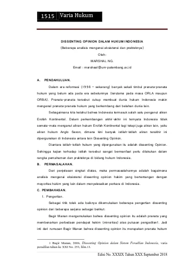 DISSENTING OPINION DALAM HUKUM INDONESIA (Beberapa Analisis Mengenai ...