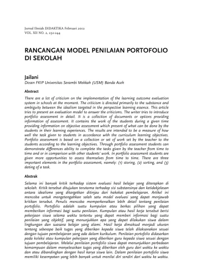Rancangan Model Penilaian Portofolio Di Sekolah