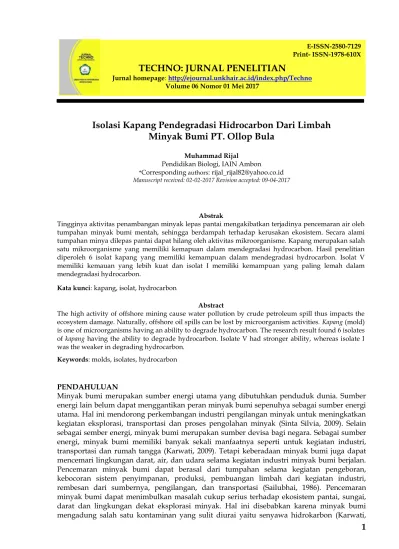 Isolasi Kapang Pendegradasi Hidrocarbon Dari Limbah Minyak Bumi PT 