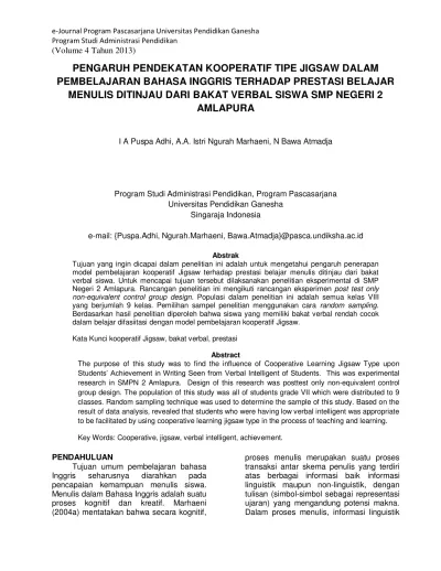 Top Pdf Pengaruh Pendekatan Kooperatif Tipe Jigsaw Dalam Pembelajaran Bahasa Inggris Terhadap Prestasi Belajar Menulis Ditinjau Dari Bakat Verbal Siswa Smp Negeri 2 Amlapura 123dok Com