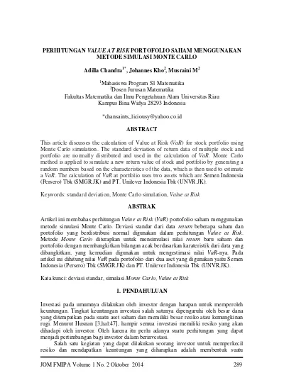 Perhitungan Value At Risk Portofolio Saham Menggunakan Metode Simulasi ...