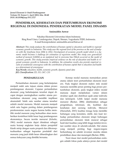 Pendidikan Kesehatan Dan Pertumbuhan Ekonomi Regional Di Indonesia Pendekatan Model Panel Dinamis