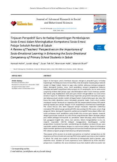 Tinjauan Perspektif Guru Terhadap Kepentingan Pembelajaran Sosio Emosi Dalam Meningkatkan Kompetensi Sosio Emosi Pelajar Sekolah Rendah Di Sabah
