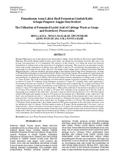 Pemanfaatan Asam Laktat Hasil Fermentasi Limbah Kubis Sebagai Pengawet