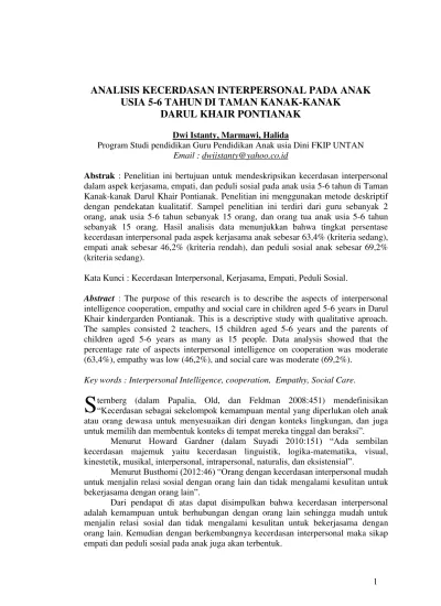 Analisis Kecerdasan Interpersonal Pada Anak Usia 5 6 Tahun Di Taman Kanak Kanak Darul Khair Pontianak